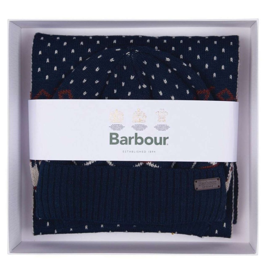 Accessories * | Best Quality Barbour Mens Rothbury Fairisle Beanie & Scarf Gift Set Navy