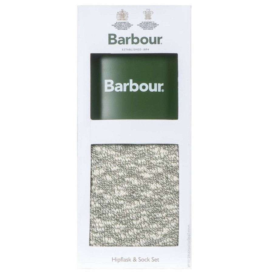 Accessories * | Online Store Barbour Mens Hip Flask And Sock Gift Set Green