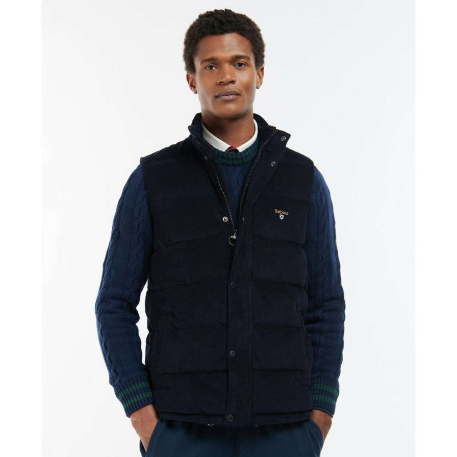 Clothing * | Discount Barbour Mens Cord Baffle Gilet Navy/Ivy Tartan