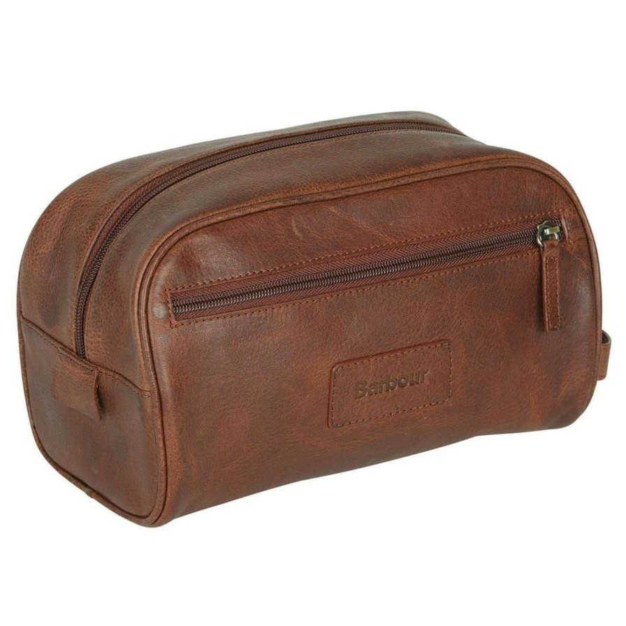 Accessories * | Discount Store Barbour Unisex Dark Brown Leather Wash Bag